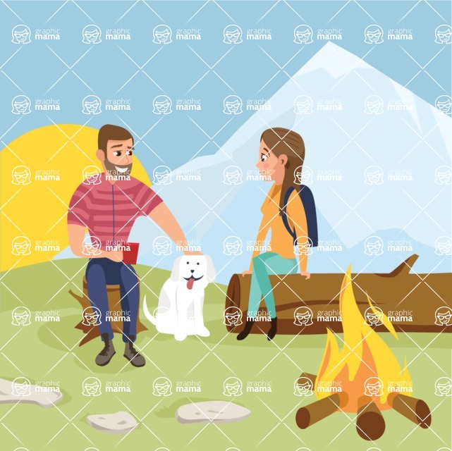 Nature Backgrounds, Patterns and Frames Themed Graphic Collection - People Camping With Campfire Vector Illustration